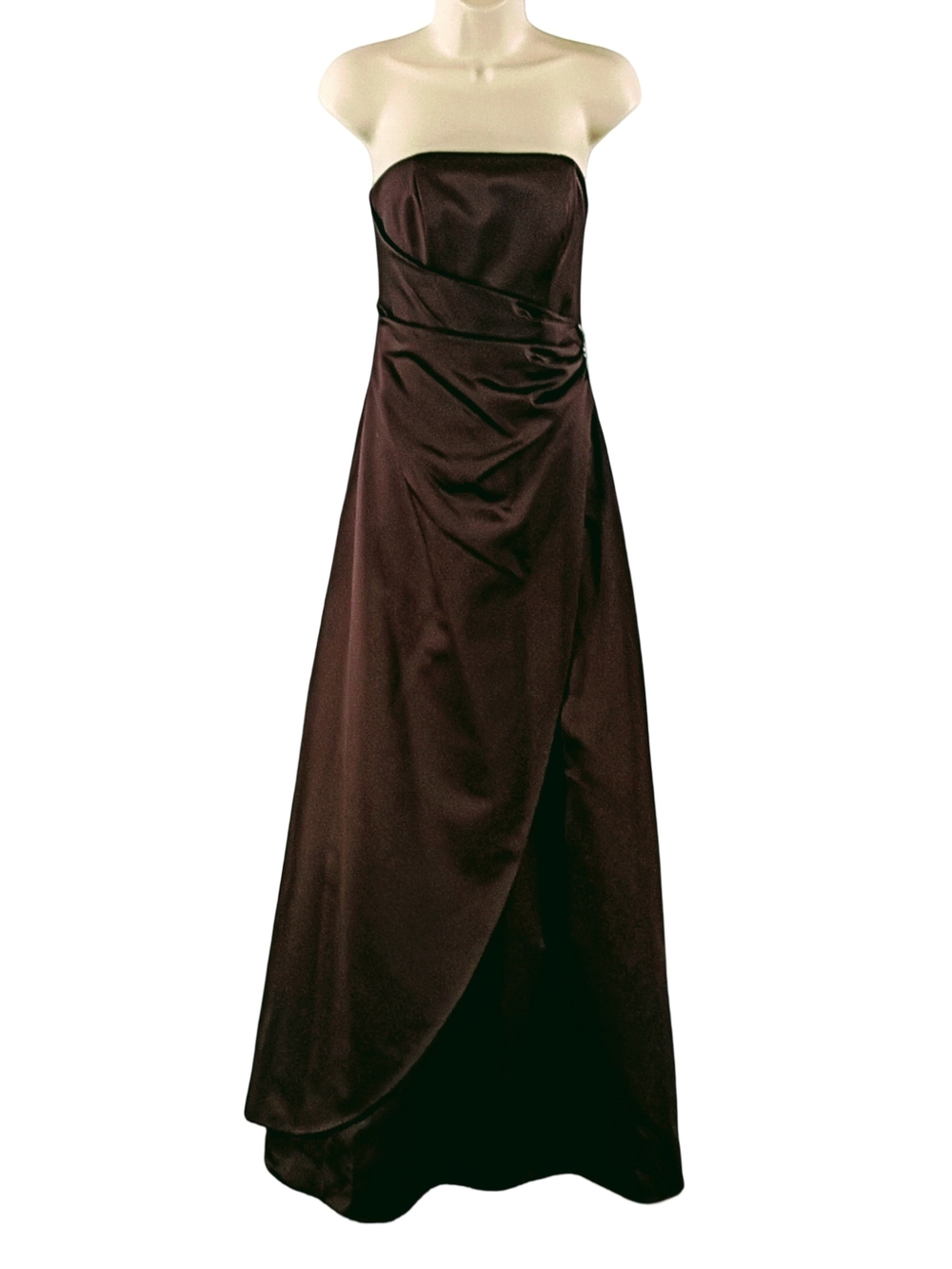 David's Bridal Strapless Chocolate Brown Satin Gown
